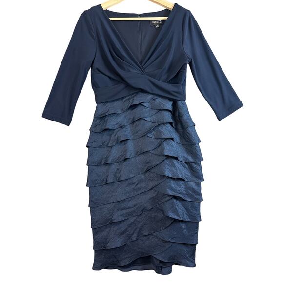 Adrianna Papell Navy Blue Matte Jersey & Hammered Satin Sheath Dress 6 S Small - Picture 2 of 11
